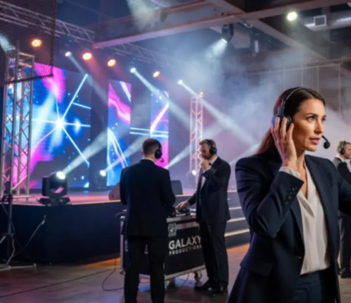 Stanowisko dowodzenia produkcją eventu Polvirestano z monitorami, światłami i koordynatorem zespołu