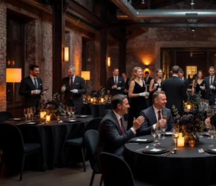 Dynamiczna gala korporacyjna w industrialnej scenografii z publicznością i światłem scenicznym